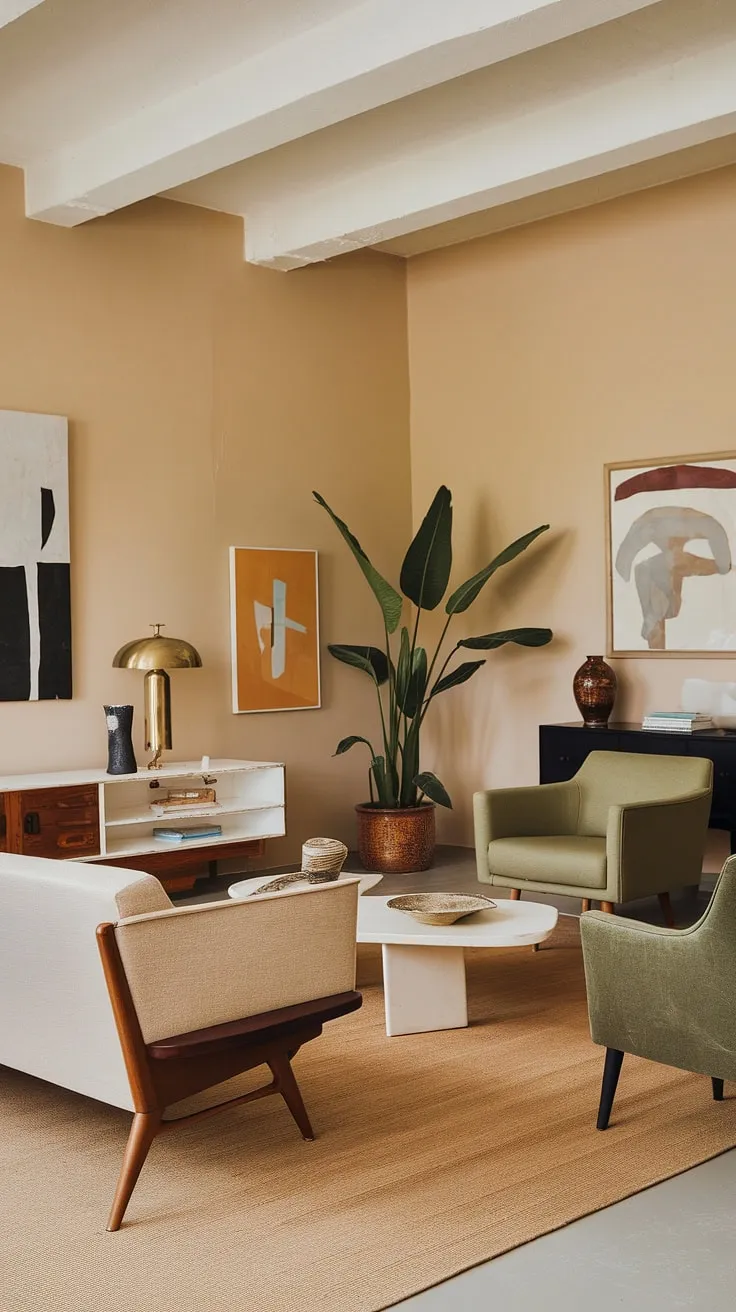 A vintage mid-century living room reimagined: this mid-century modern apartment decor perfectly captures the spirit of the era with its curated mix of textures and tones.  The result is a stunning mid century modern living room design that's both inviting and effortlessly chic.