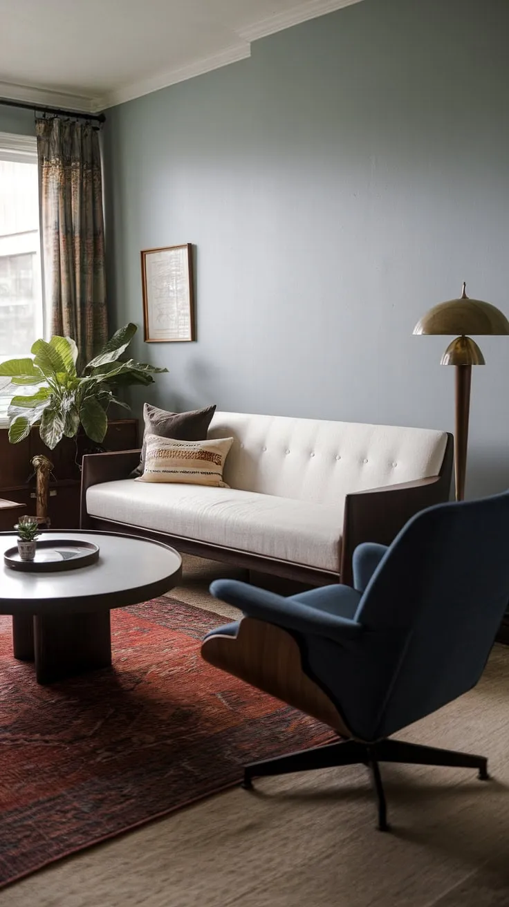 This vintage mid-century living room perfectly captures the midcentury apartment aesthetic.  The mid-century modern living room design is both eclectic and inviting, a testament to the enduring appeal of mid century modern living room decor.
