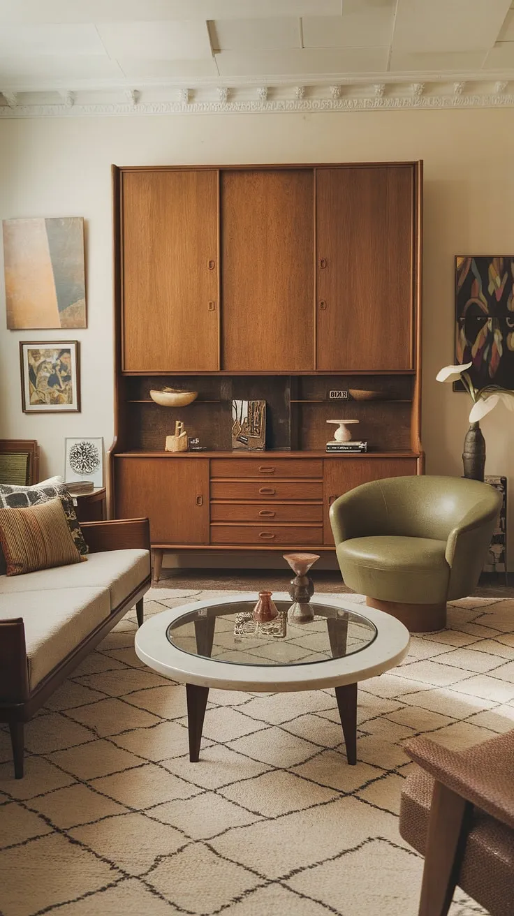 This vintage mid-century living room perfectly captures the midcentury apartment aesthetic.  The mid-century modern living room design is both eclectic and inviting, a testament to the enduring appeal of mid century modern living room decor in a contemporary space.