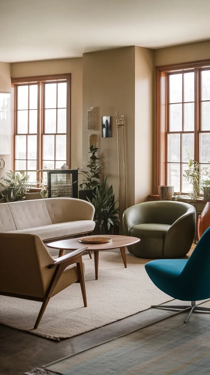 Step back in time and embrace the effortless cool of this eclectic mid-century living room.  The vintage mid-century furniture and mid-century modern living room decor create a sophisticated midcentury apartment aesthetic, showcasing the best of mid-century modern living room design.