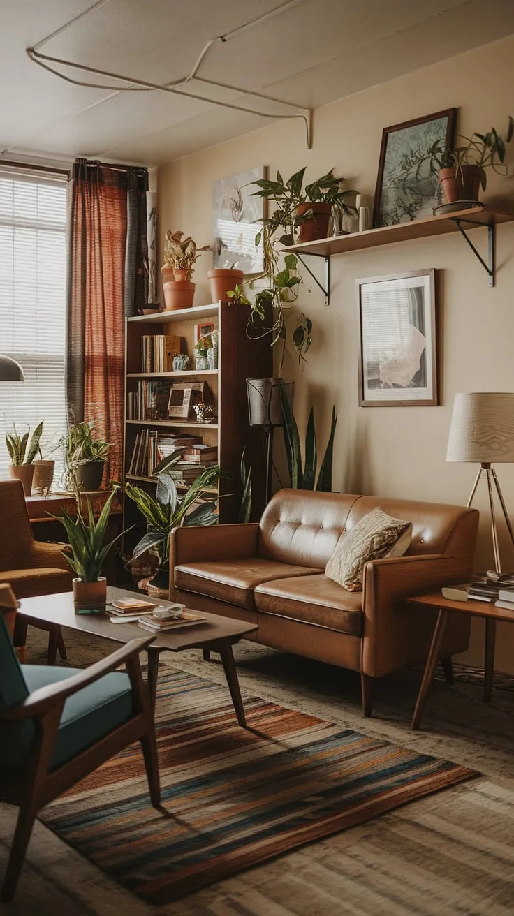 Step back in time with this eclectic mid-century living room, showcasing the best of vintage mid-century living room style and mid-century modern apartment decor.  The mid-century modern living room design is perfectly complemented by the midcentury apartment aesthetic.