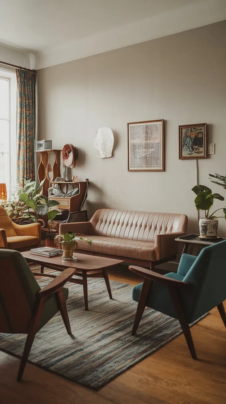 Step back in time with this eclectic mid-century living room, showcasing the best of vintage mid-century living room design.  The mid-century modern living room decor perfectly complements the midcentury apartment aesthetic, creating a space that's both stylish and inviting.