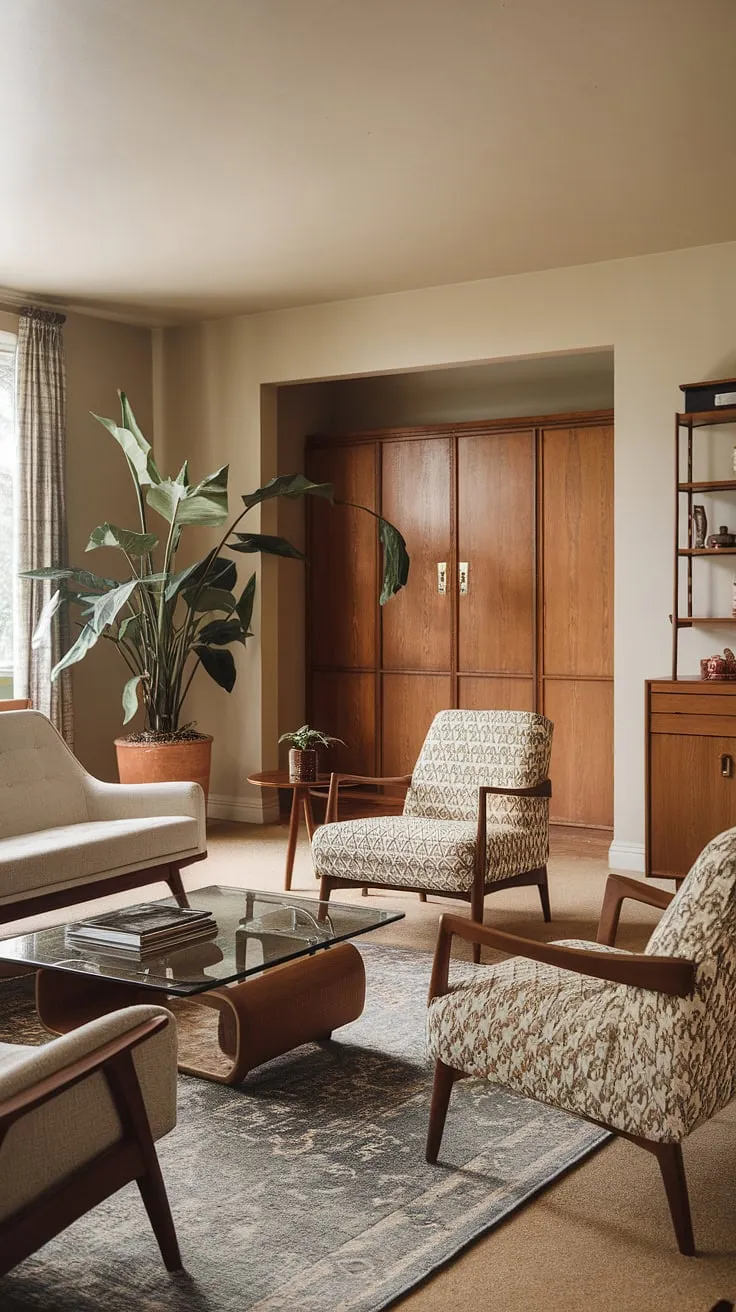 Step back in time and embrace the effortlessly cool vibe of this eclectic mid-century living room.  The vintage mid-century furniture and mid-century modern living room decor create a sophisticated midcentury apartment aesthetic, showcasing the best of mid-century modern living room design and mid-century modern apartment decor.
