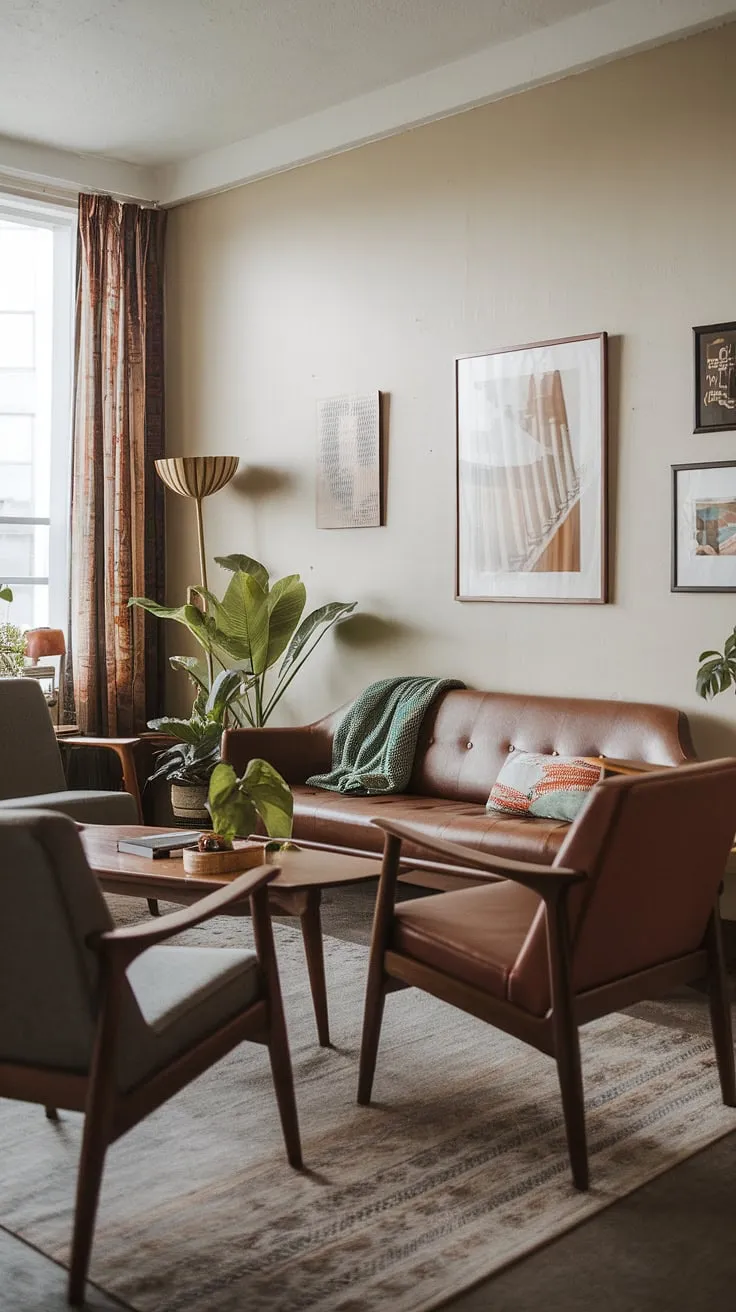 Step back in time and embrace the effortless cool of this eclectic mid-century living room.  The vintage mid-century furniture and mid-century modern living room decor create a sophisticated midcentury apartment aesthetic, showcasing the best of mid-century modern living room design and mid-century modern apartment decor.