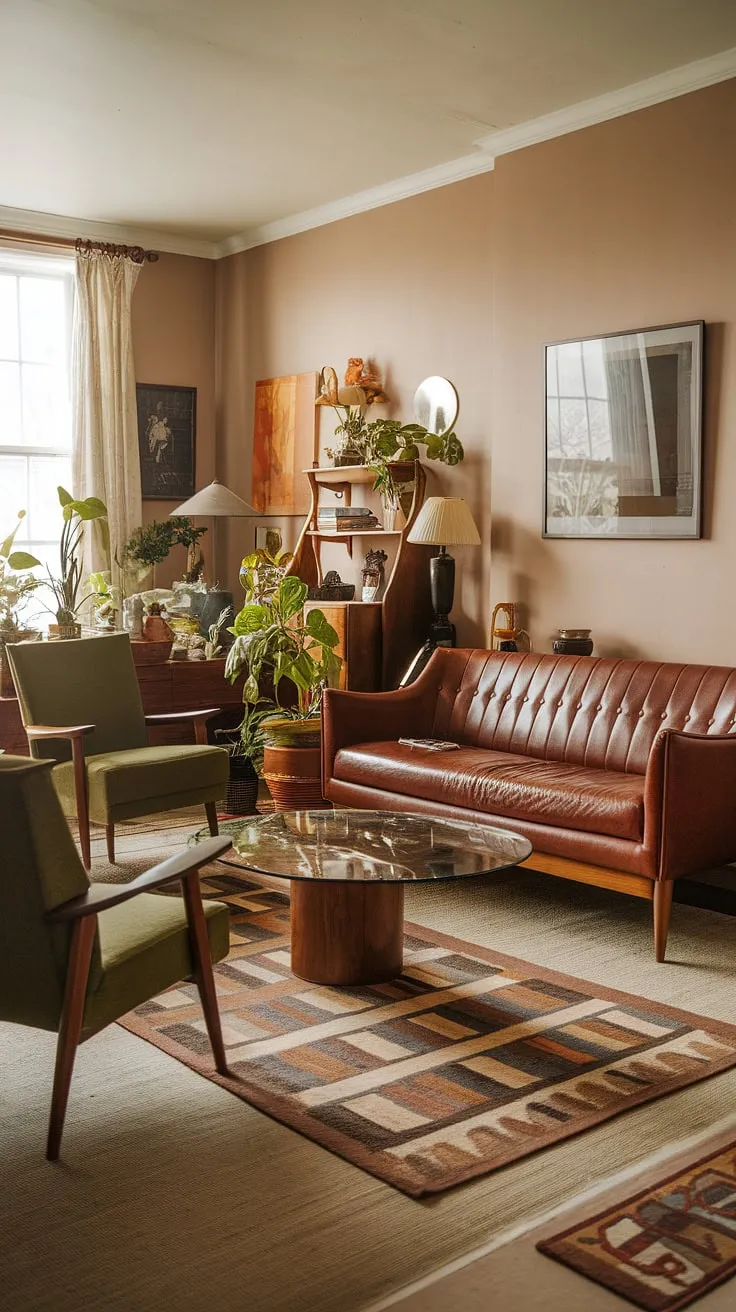 Step back in time with this eclectic mid-century living room, showcasing the best of vintage mid-century living room design and mid-century modern apartment decor.  The mid-century modern living room decor perfectly captures a midcentury apartment aesthetic.