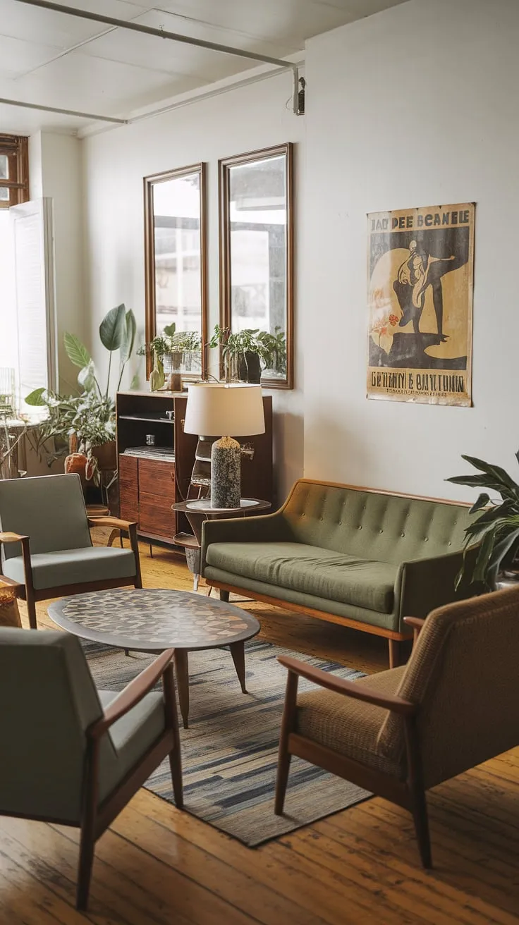 Step back in time with this eclectic mid-century living room, showcasing a curated blend of vintage finds and modern comfort. The mid-century modern living room decor perfectly captures a midcentury apartment aesthetic, blending the warmth of wooden floors with the vibrancy of a green sofa and unique patterned coffee table. This vintage mid-century living room is a testament to thoughtful mid century modern living room design and mid century modern apartment decor.