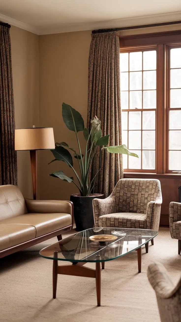 Step back in time with this eclectic mid-century living room, showcasing the best of vintage mid-century living room design and mid-century modern apartment decor.  The mid-century modern living room decor perfectly captures a midcentury apartment aesthetic.