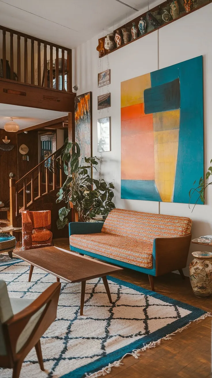 This vintage mid-century living room perfectly captures the midcentury apartment aesthetic.  The mid-century modern living room design is both eclectic and inviting, blending mid-century modern living room decor with timeless appeal for a truly unique space.