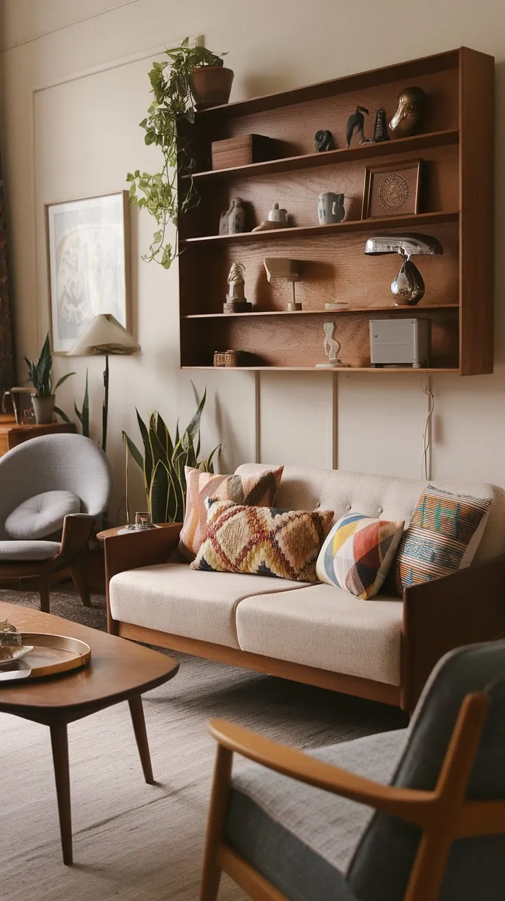 Step back in time and embrace the effortlessly cool vibe of this eclectic mid-century living room.  The vintage mid-century furniture and mid-century modern living room decor create a sophisticated midcentury apartment aesthetic, showcasing the best of mid-century modern living room design and mid century modern apartment decor.