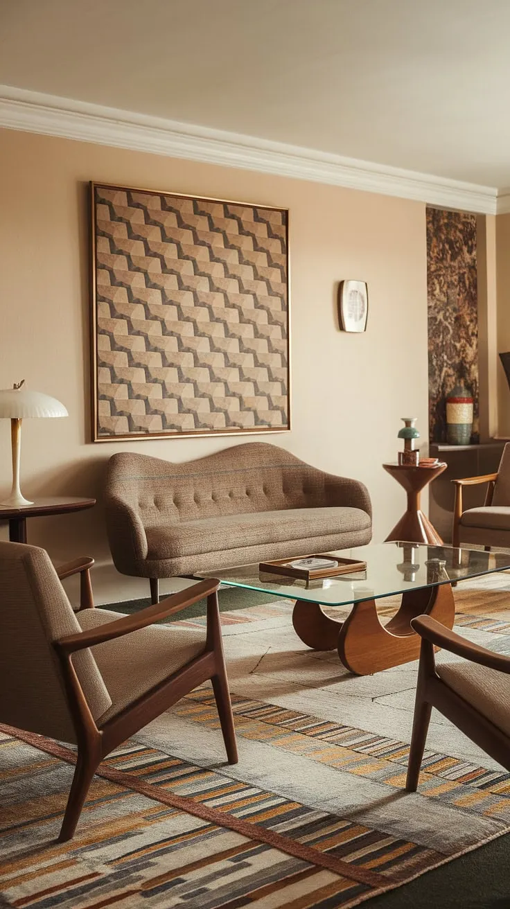 This eclectic mid-century living room effortlessly blends vintage charm with modern comfort.  The mid-century modern living room decor, featuring a wavy sofa and sloping armchairs, creates a sophisticated yet playful atmosphere.  The midcentury apartment aesthetic is complete with a patterned rug and geometric artwork, showcasing a unique mid century modern apartment decor style. This vintage mid-century living room is a testament to the enduring appeal of mid-century modern living room design.