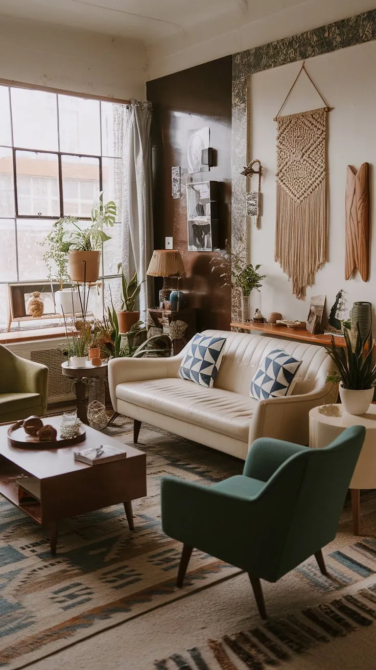Step back in time with this eclectic mid-century living room, showcasing the best of vintage mid-century living room style and mid-century modern apartment decor.  The mid-century modern living room design is effortlessly chic, blending seamlessly with the midcentury apartment aesthetic.