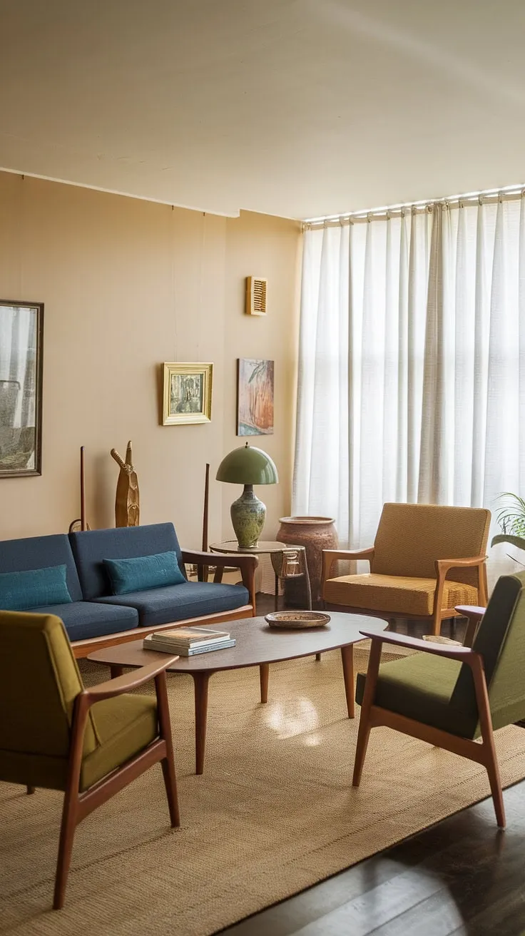 Step back in time and embrace the effortless cool of this eclectic mid-century living room.  The vintage mid-century furniture and mid-century modern living room decor create a sophisticated midcentury apartment aesthetic, showcasing the best of mid-century modern living room design and mid-century modern apartment decor.