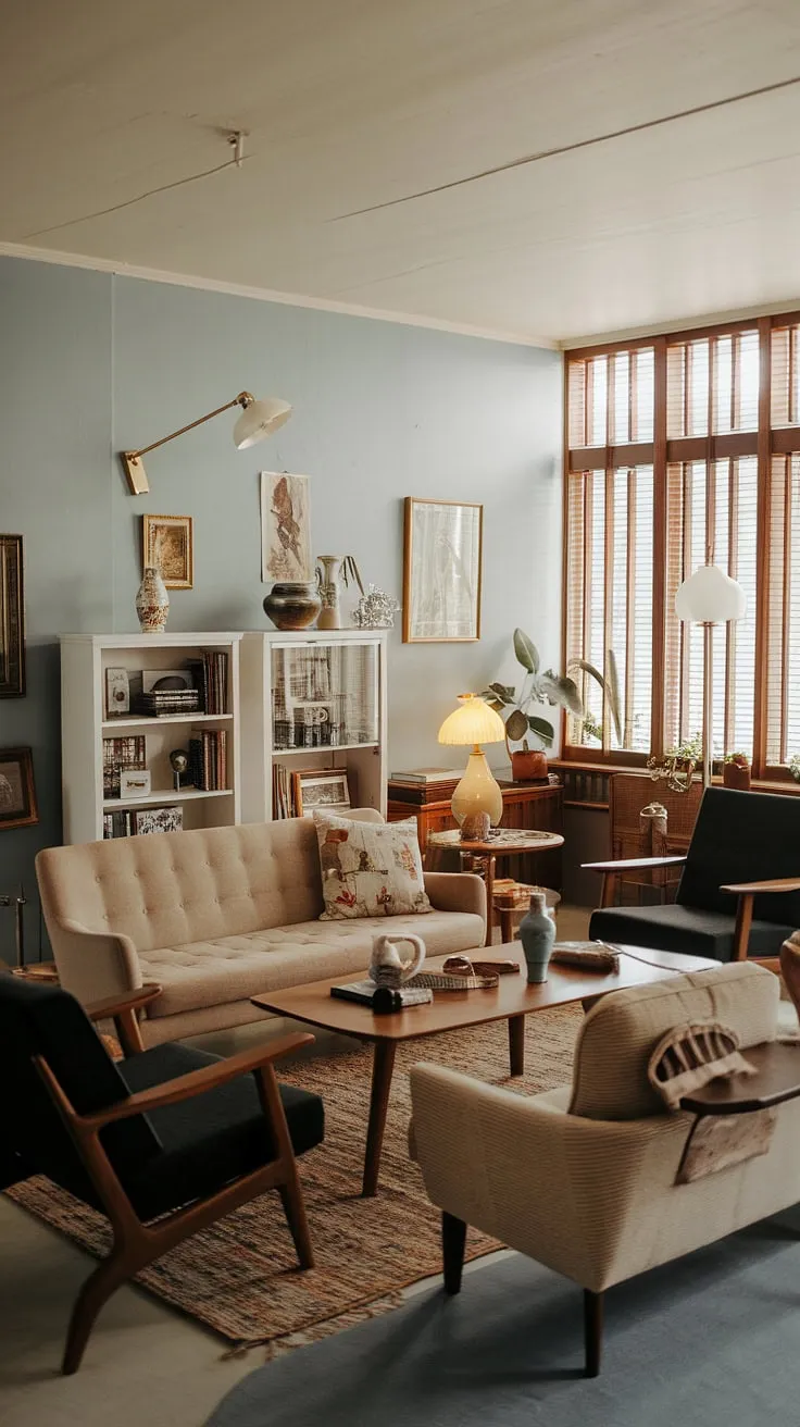 Step back in time and into this eclectic mid-century living room.  The vintage mid-century furniture and mid-century modern living room decor create a warm and inviting atmosphere, perfectly embodying the midcentury apartment aesthetic.  This mid-century modern living room design showcases a masterful blend of style and comfort, proving that mid-century modern apartment decor can be both timeless and effortlessly chic.