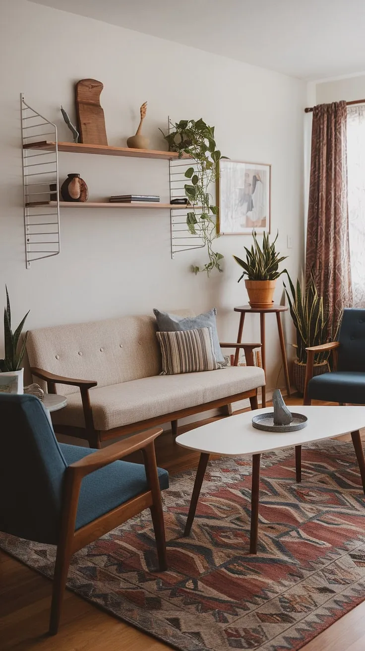 This vintage mid-century living room is a masterclass in mid-century modern living room design.  The eclectic mid-century living room aesthetic seamlessly blends mid-century modern living room decor with a unique midcentury apartment aesthetic.