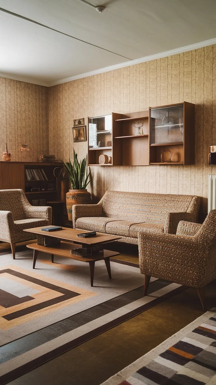 This vintage mid-century living room perfectly captures the midcentury apartment aesthetic.  The mid-century modern living room design is both eclectic and sophisticated, a beautiful blend of mid century modern living room decor and the timeless charm of a vintage mid-century living room.