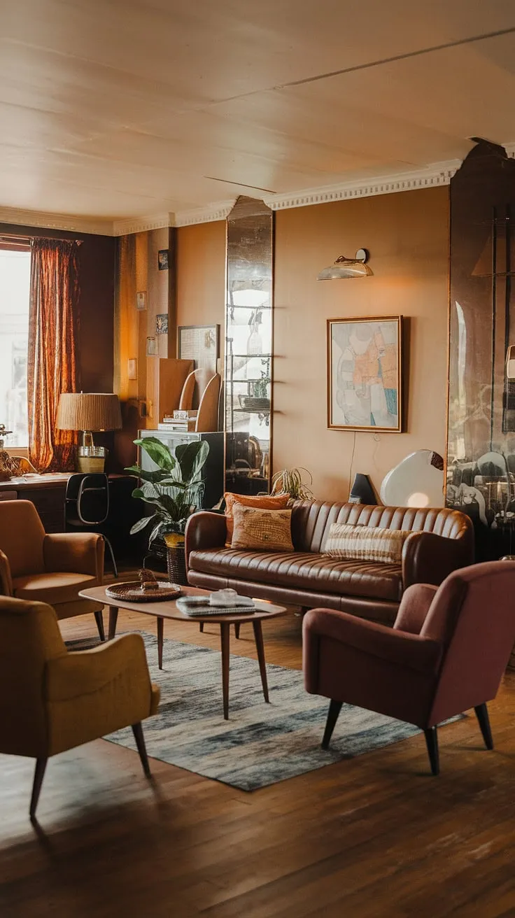 This vintage mid-century living room is a masterclass in mid-century modern apartment decor.  The eclectic mid-century living room design effortlessly combines different furniture styles, creating a unique and inviting atmosphere.  Every detail, from the warm wall hues to the carefully curated accessories, contributes to the overall mid-century modern living room feel.