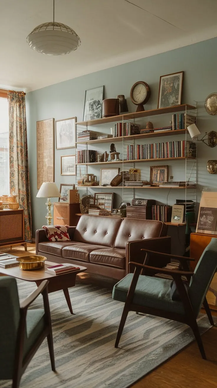 Step back in time with this eclectic mid-century living room, showcasing the best of vintage mid-century living room style and mid-century modern apartment decor.  The mid-century modern living room design is effortlessly chic, reflecting a midcentury apartment aesthetic that's both timeless and inviting.