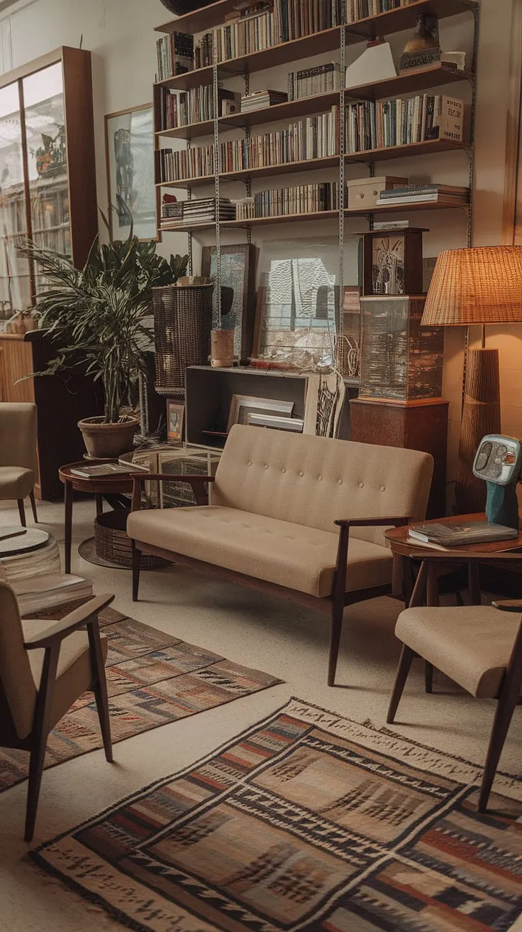 This vintage mid-century living room perfectly captures the midcentury apartment aesthetic.  The mid-century modern living room design is both eclectic and inviting, a testament to the enduring appeal of mid century modern living room decor.
