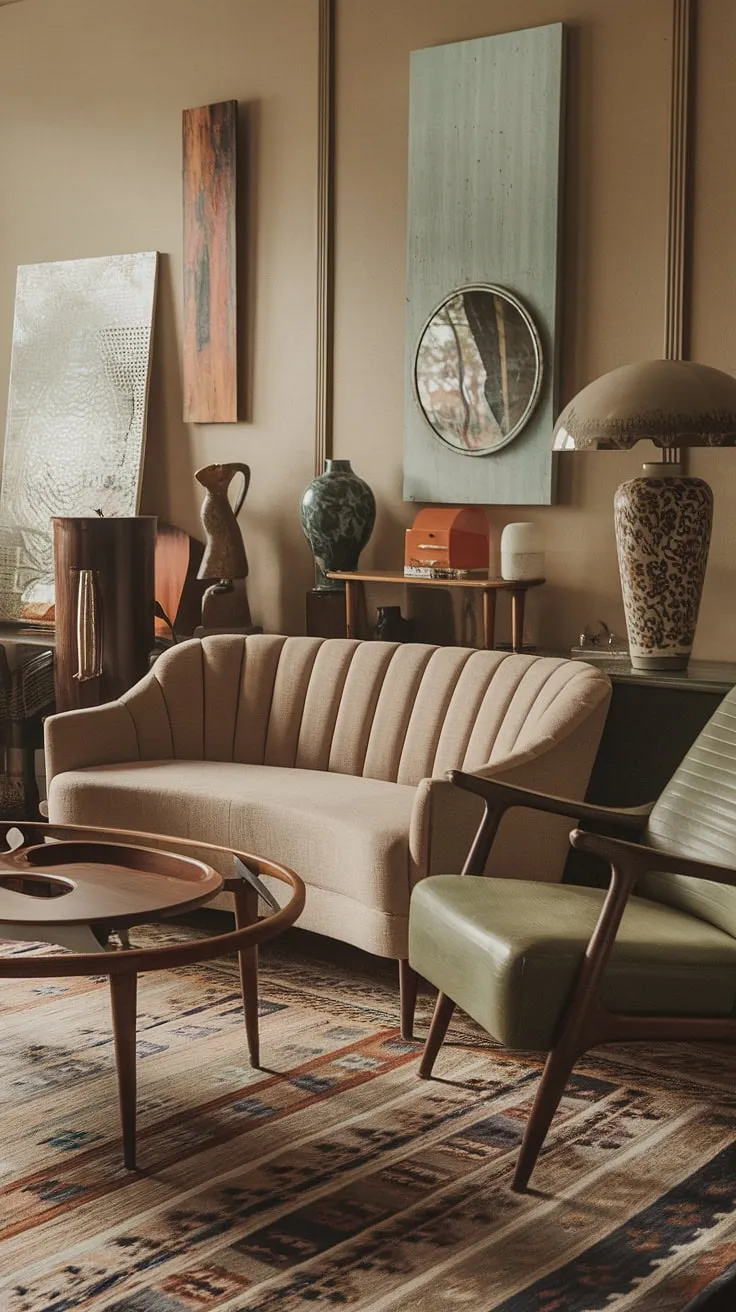 Step back in time with this eclectic mid-century living room, showcasing the best of vintage mid-century living room style and mid-century modern apartment decor.  The mid-century modern living room design is effortlessly chic, blending seamlessly with the midcentury apartment aesthetic.