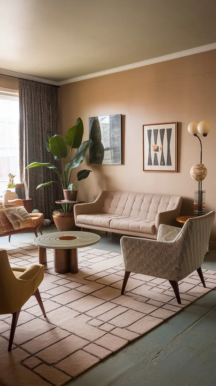 This mid-century modern apartment decor perfectly captures the spirit of a bygone era.  The vintage mid-century living room is a testament to timeless style, blending eclectic mid-century living room elements with a modern sensibility in a stunning mid century modern living room design.