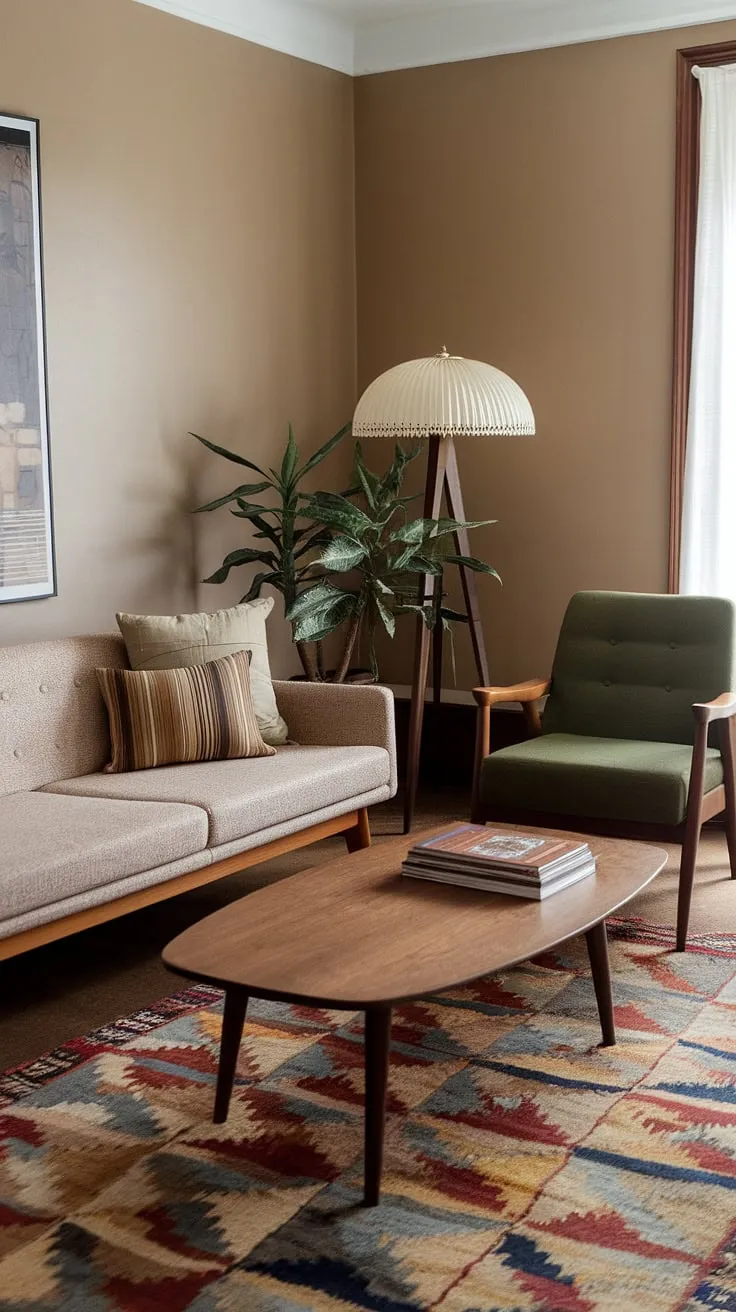 Step back in time with this eclectic mid-century living room, showcasing the best of vintage mid-century living room style and mid-century modern apartment decor.  The mid-century modern living room design is effortlessly chic, blending seamlessly with the midcentury apartment aesthetic.