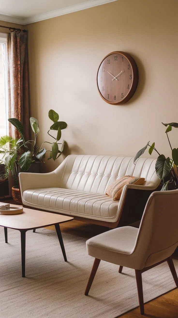 Step back in time with this eclectic mid-century living room, showcasing the best of vintage mid-century living room style and mid-century modern apartment decor.  The mid-century modern living room design is effortlessly chic, a perfect blend of mid century modern living room decor and midcentury apartment aesthetic.