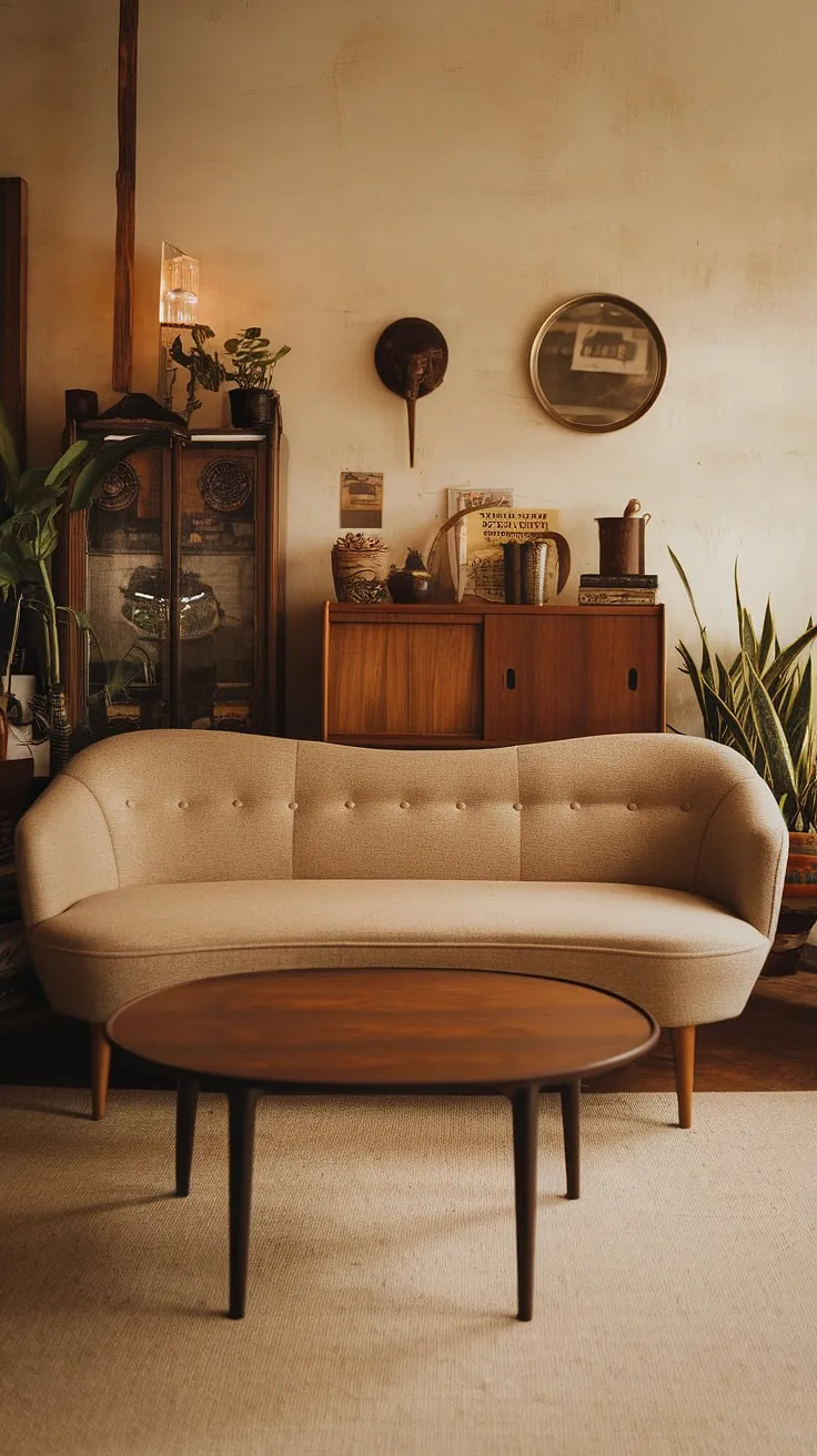 Step back in time and into this eclectic mid-century living room.  The vintage mid-century furniture and mid-century modern living room decor create a sophisticated midcentury apartment aesthetic, showcasing the best of mid-century modern living room design and mid-century modern apartment decor.