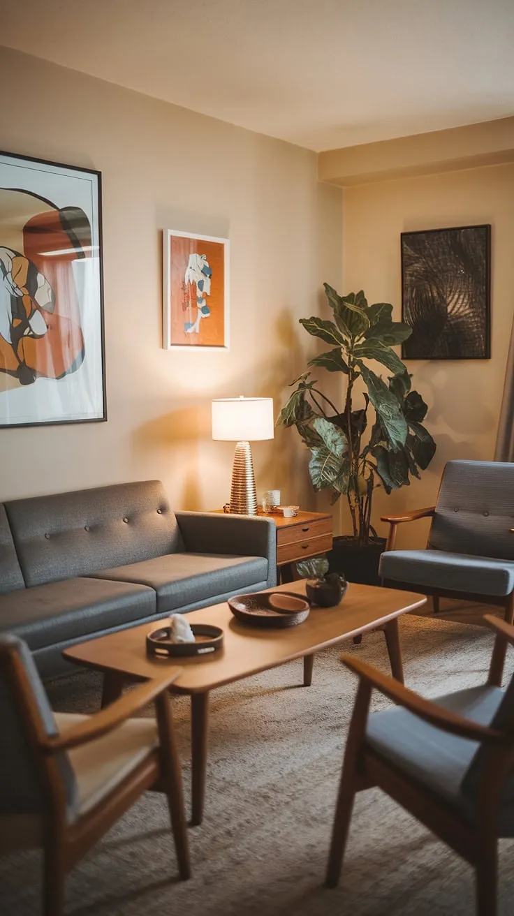Bathed in soft light, this cozy mid century modern living room seamlessly blends mid century Scandinavian design with midcentury contemporary design. The mid century grey couch anchors the space, showcasing the eclectic Scandinavian design and modern retro decor within a charming mid century bungalow design.  The overall effect is a sophisticated yet inviting mid century modern family room, a testament to the enduring appeal of mid century modern designs.