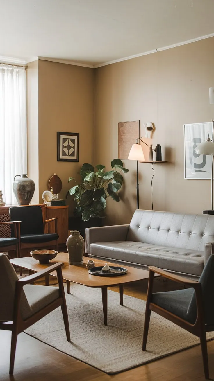 A mid century modern living room reimagined:  This space effortlessly unites cozy mid century decor with the clean lines of mid century modern designs. The mid century grey couch is the perfect centerpiece, highlighting the eclectic blend of mid century Scandinavian design and modern retro decor within this inviting mid century bungalow design.