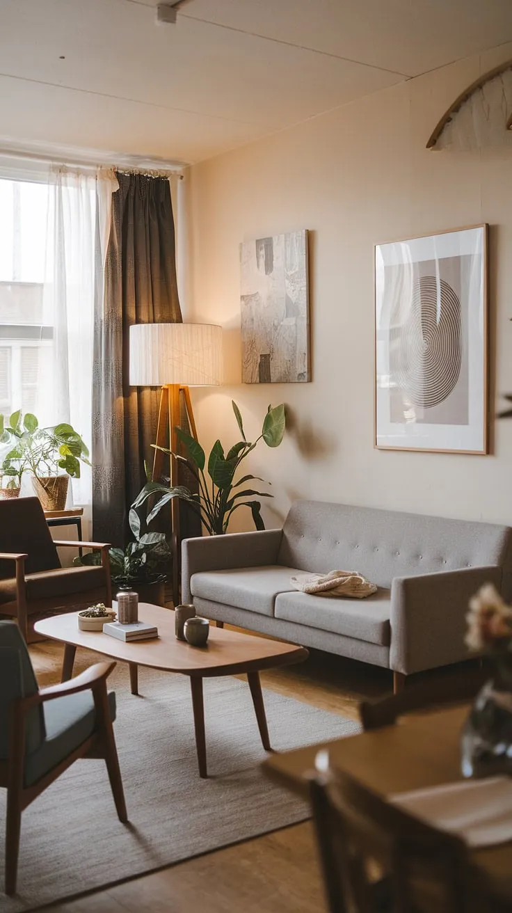 This mid century modern family room showcases the best of mid century modern designs.  A mid century grey couch sits at the heart of the space, its elegant lines enhanced by cozy mid century decor and the subtle influence of mid century Scandinavian design. The result is a sophisticated yet inviting atmosphere, a perfect example of how mid century bungalow design can embrace modern retro decor.