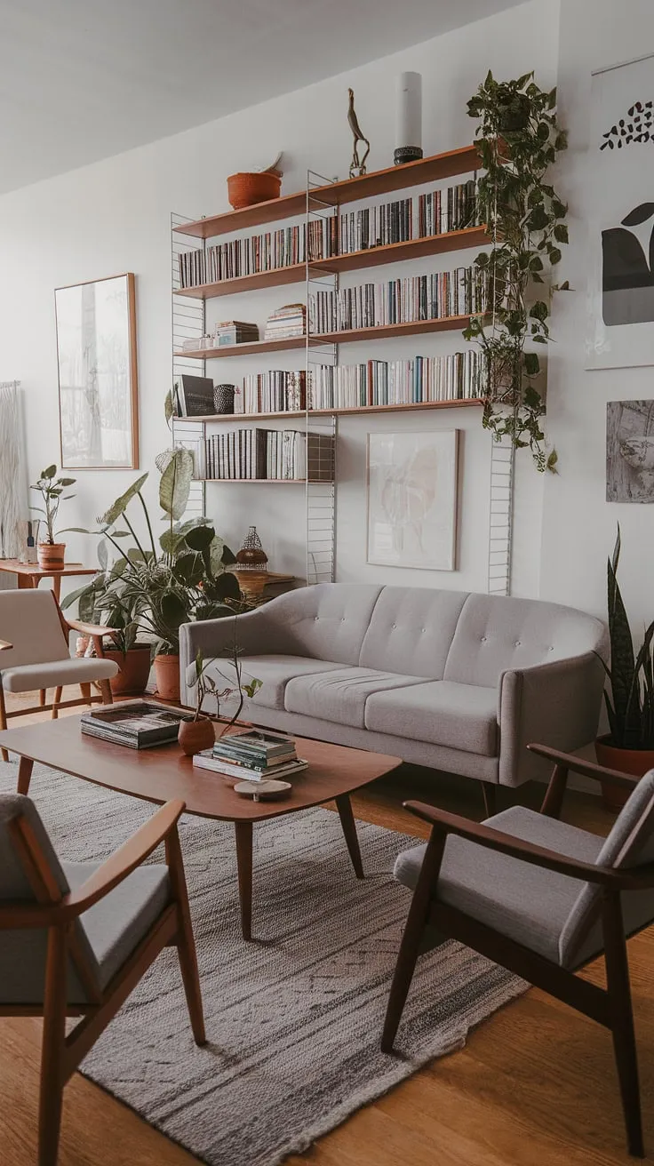 This cozy mid century modern living room, a perfect blend of mid century scandinavian design and mid century bungalow design, showcases the beauty of mid century modern designs. The mid century grey couch anchors the space, complemented by eclectic scandinavian design elements, creating a warm and inviting mid century family room.  The modern retro decor and carefully curated bookshelf add personality to this midcentury contemporary design.