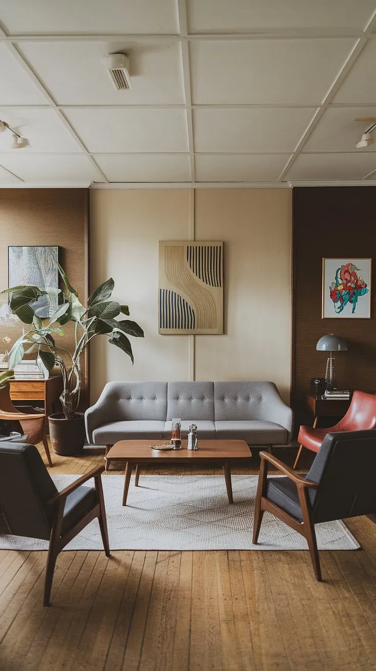 Bathed in natural light, this mid century modern family room effortlessly combines mid century modern designs with a touch of cozy mid century decor. The mid century grey couch is the star, surrounded by carefully curated mid century scandinavian design pieces and a large potted plant.  This eclectic scandinavian design approach creates a welcoming and stylish space, perfect for modern retro decor lovers seeking a mid century bungalow design feel.