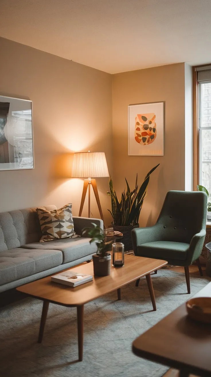 This mid century modern family room embodies the spirit of cozy mid century decor.  A mid century grey couch sits proudly amidst mid century modern designs, showcasing a sophisticated blend of mid century Scandinavian design and midcentury contemporary design. The overall aesthetic is one of relaxed elegance, perfectly reflecting the charm of a mid century bungalow design and a touch of eclectic Scandinavian design.