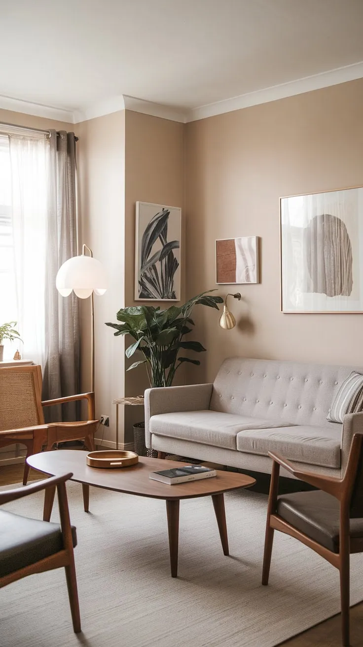 Bathed in soft light, this mid century modern living room embodies the essence of mid century scandinavian design.  The mid century grey couch and minimalist approach create a serene atmosphere, while the carefully curated art and warm wood coffee table add character. This mid century bungalow design showcases the best of modern retro decor, a perfect example of mid century modern designs for a family room that's both stylish and comfortable.  The result is an eclectic scandinavian design that's effortlessly chic.