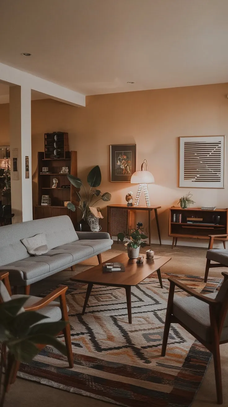 Bathed in soft light, this cozy mid century modern family room seamlessly blends mid century Scandinavian design with midcentury contemporary design.  The mid century grey couch anchors the space, showcasing the eclectic Scandinavian design and modern retro decor, all within the charming framework of a mid century bungalow design.  The overall effect is a sophisticated yet inviting mid century modern living room, a testament to the enduring appeal of mid century modern designs.