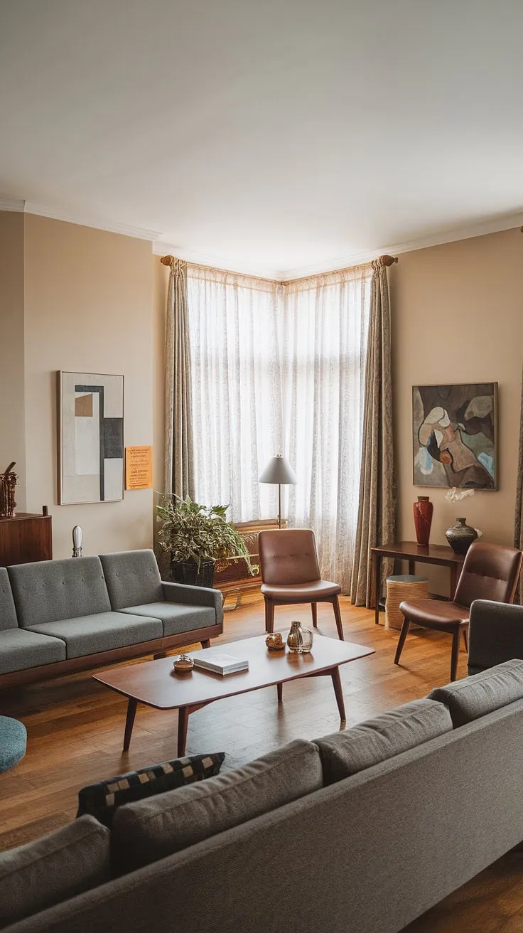 This mid century modern family room exudes effortless style.  A mid century grey couch sits at the heart of the space, complemented by cozy mid century decor and the clean lines of mid century modern designs.  The subtle influence of mid century Scandinavian design and a touch of eclectic Scandinavian design create a sophisticated yet relaxed atmosphere, perfectly embodying the spirit of mid century bungalow design and modern retro decor.