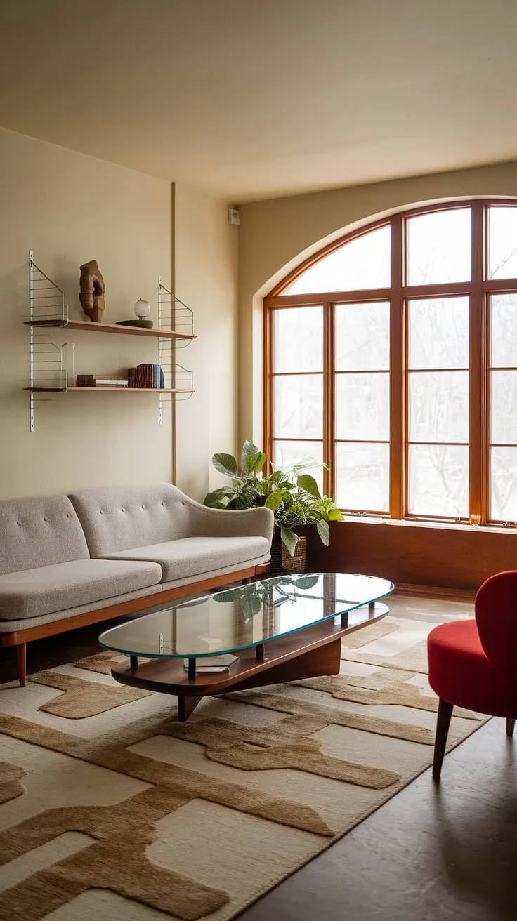Bathed in warm light, this cozy mid century modern living room seamlessly blends mid century Scandinavian design with midcentury contemporary design. The mid century grey couch anchors the space, showcasing the eclectic Scandinavian design and modern retro decor within a charming mid century bungalow design.  The overall effect is a sophisticated yet inviting mid century modern family room, a testament to the enduring appeal of mid century modern designs.