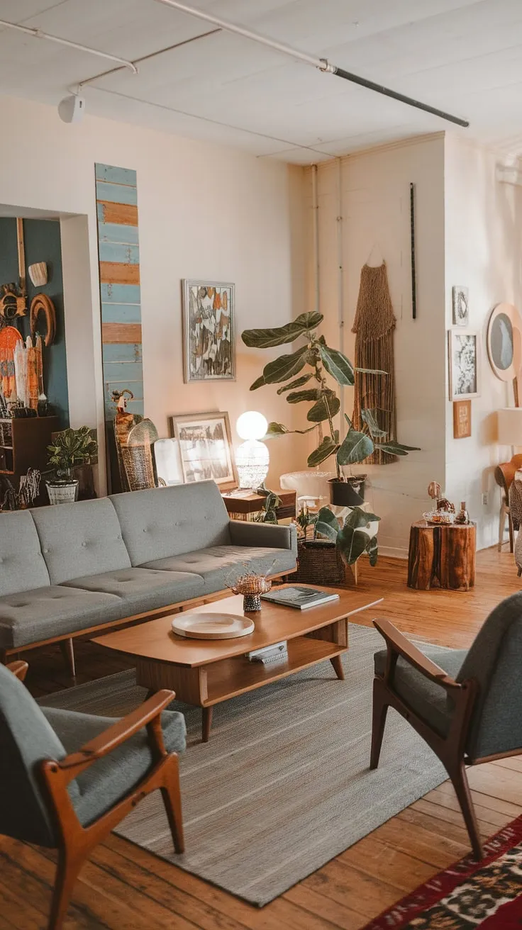 This mid century modern family room exudes warmth and style.  A mid century grey couch sits proudly amidst cozy mid century decor, showcasing the best of mid century modern designs and mid century Scandinavian design.  The space effortlessly blends modern retro decor with elements of eclectic Scandinavian design, creating a truly unique and inviting mid century bungalow design that's both timeless and contemporary.