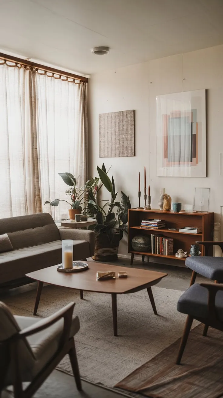 Bathed in soft light, this cozy mid century modern family room showcases the best of mid century Scandinavian design.  The mid century grey couch anchors the space, complemented by eclectic Scandinavian design elements and modern retro decor, creating a mid century bungalow design with a midcentury contemporary feel.  The overall effect is one of relaxed sophistication, a true testament to the enduring appeal of mid century modern designs.