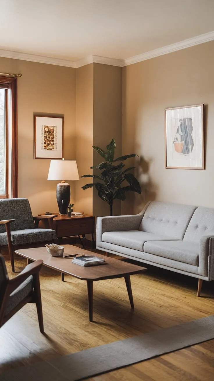 A mid century modern family room, effortlessly chic.  The mid century grey couch is the heart of this space, showcasing the beauty of cozy mid century decor within a mid century modern living room.  Elements of mid century Scandinavian design and eclectic Scandinavian design create a sophisticated yet relaxed atmosphere, perfectly embodying mid century bungalow design and modern retro decor.