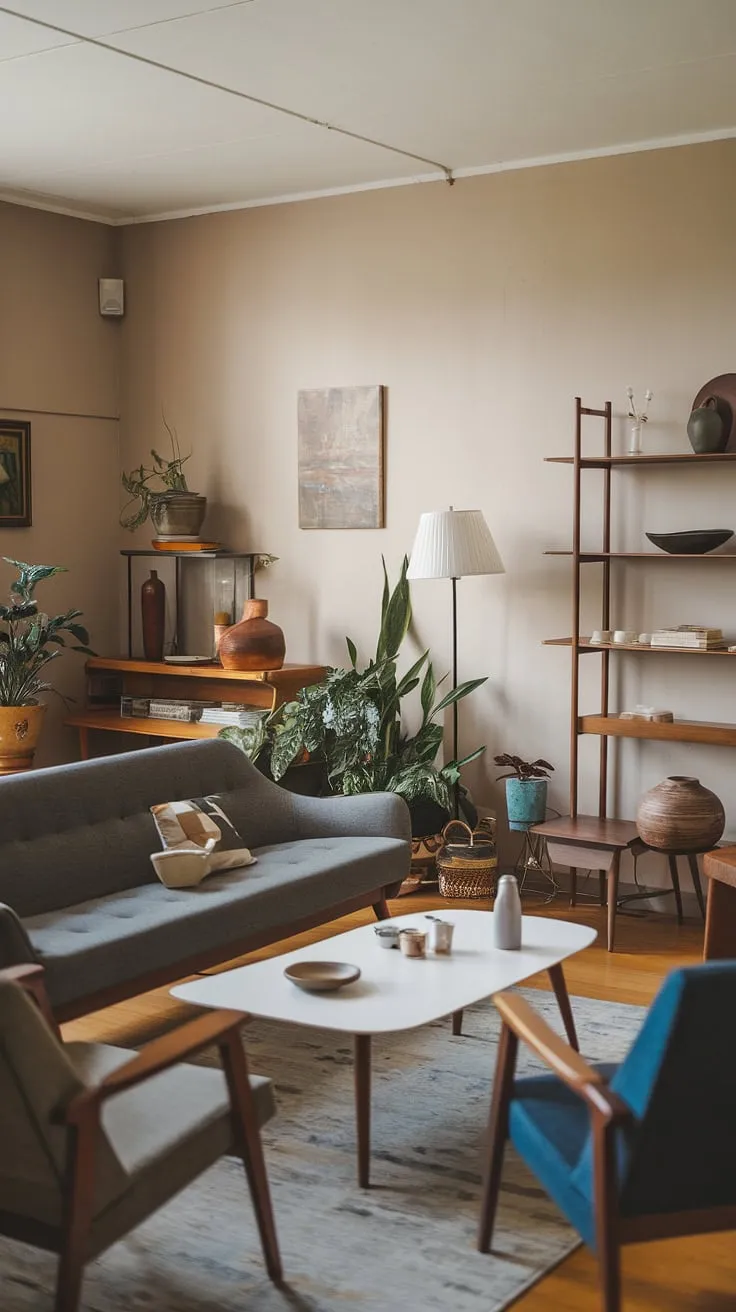 Relax and unwind in this inviting mid century modern family room.  The mid century grey couch is the star, surrounded by carefully curated mid century modern designs, including cozy mid century decor and touches of eclectic scandinavian design.  This mid century bungalow design perfectly balances modern retro decor with a warm and inviting atmosphere.
