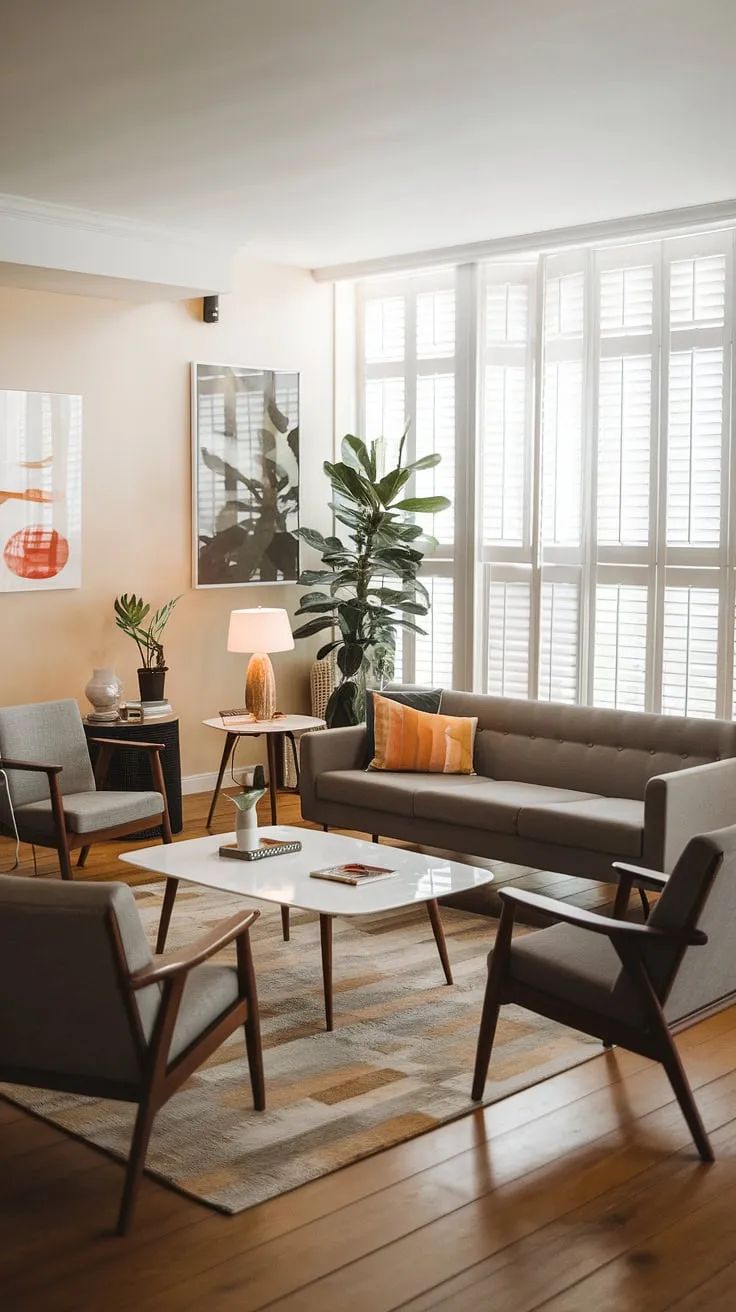This mid century modern living room effortlessly blends cozy mid century decor with a touch of eclectic scandinavian design. The mid century grey couch is the star, surrounded by carefully curated mid century modern designs, including a white coffee table and carefully chosen artwork.  The large windows and warm wood floors hint at a mid century bungalow design, while the overall aesthetic is a sophisticated mix of midcentury contemporary design and modern retro decor.