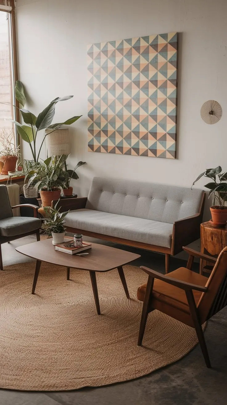 This mid-century modern family room perfectly blends mid-century Scandinavian design with modern retro decor.  The mid-century grey couch and wooden furniture create a warm and inviting atmosphere, enhanced by the eclectic Scandinavian design elements and potted plants.  The large round rug defines the space within this cozy mid century decor setting, showcasing the best of mid century modern designs in a charming mid-century bungalow design.  The overall effect is a sophisticated yet comfortable midcentury contemporary design.