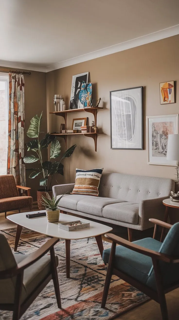 This mid century modern family room exudes a relaxed sophistication.  The mid century grey couch is the perfect centerpiece for this cozy mid century decor, showcasing the best of mid century modern designs and mid century bungalow design.  Elements of eclectic Scandinavian design and modern retro decor create a unique and inviting atmosphere, a stunning example of mid century Scandinavian design and midcentury contemporary design.