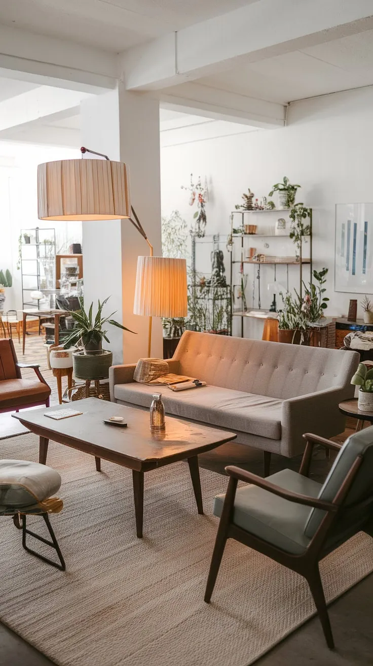 This mid-century modern family room showcases the best of mid-century Scandinavian design.  A mid-century grey couch and vintage coffee table are the heart of this cozy mid-century decor scheme, enhanced by carefully curated plants and decorative items. The result is an eclectic Scandinavian design that feels both timeless and effortlessly chic, a perfect example of mid-century modern designs within a mid-century bungalow design.