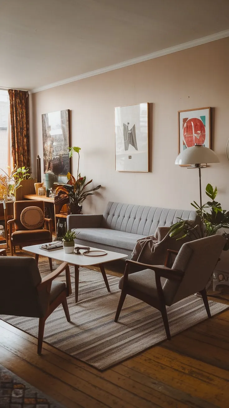 This mid century modern living room effortlessly blends cozy mid century decor with the clean lines of mid century Scandinavian design.  A mid-century grey couch provides a comfortable focal point, while carefully curated art and plants add personality to this eclectic Scandinavian design. The result? A stunning example of mid century modern designs that feels both timeless and utterly inviting, perfect for a mid century bungalow design.