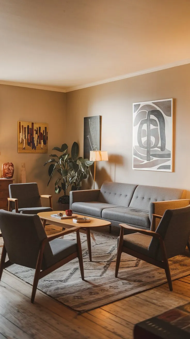 Bathed in soft light, this cozy mid century modern living room seamlessly blends mid century Scandinavian design with midcentury contemporary design.  The mid century grey couch anchors the space, showcasing the eclectic Scandinavian design and modern retro decor within a charming mid century bungalow design.  The overall effect is a sophisticated yet inviting mid century modern family room, a testament to the enduring appeal of mid century modern designs.
