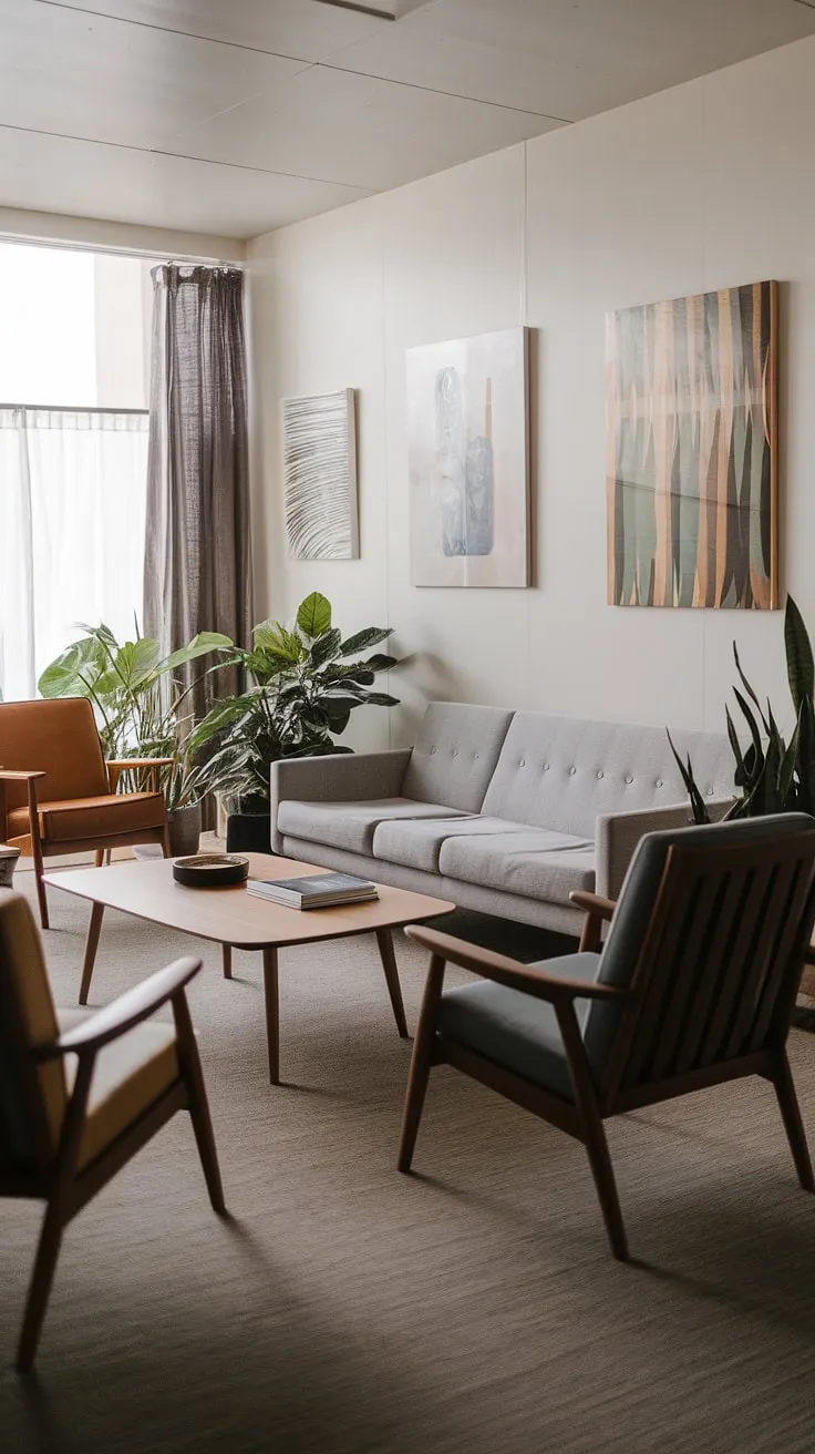 This mid century modern living room is a haven of calm. The mid century grey couch invites relaxation, while the carefully curated mid century modern designs, including touches of mid century bungalow design and eclectic scandinavian design, create a space that's both stylish and inviting.  Cozy mid century decor, including the strategically placed plants, completes the picture, a perfect blend of modern retro decor and midcentury contemporary design.