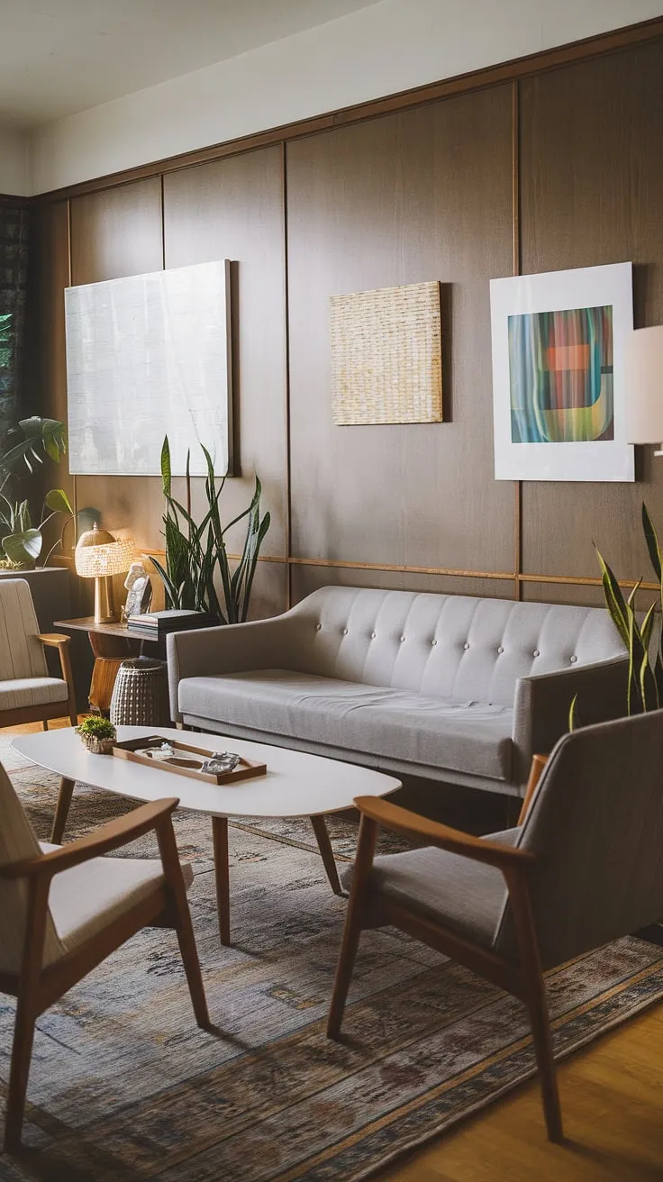 This mid century modern family room embodies cozy mid century decor at its finest.  A mid century grey couch sits proudly amidst mid century modern designs, showcasing a delightful blend of mid century Scandinavian design and midcentury contemporary design within a classic mid century bungalow design.  The result is a space that's both stylish and comfortable, a perfect example of modern retro decor with an eclectic Scandinavian design twist.