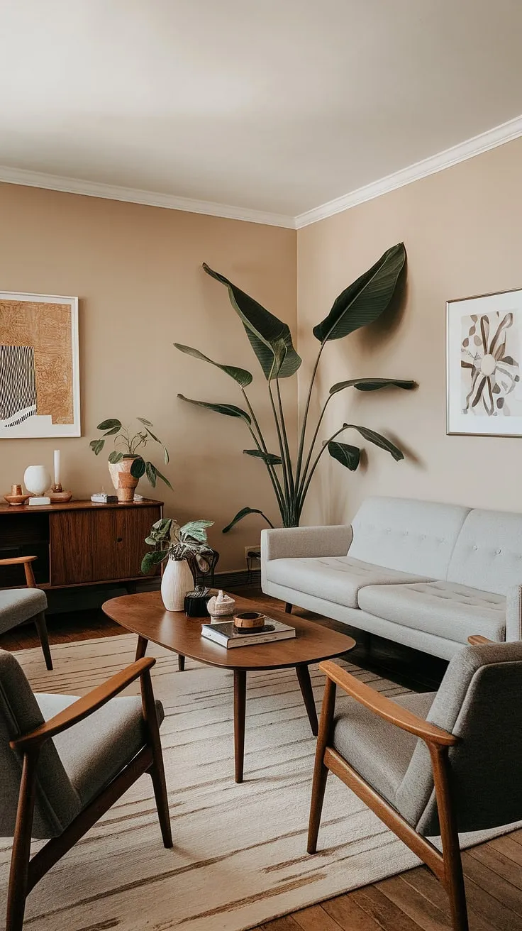 Bathed in natural light, this mid century modern living room embodies the essence of cozy mid century decor.  The mid century grey couch invites relaxation, while the carefully curated mid century modern designs, including the wooden coffee table and strategically placed artwork, create a sophisticated yet inviting atmosphere.  This space seamlessly blends mid century scandinavian design with a touch of eclectic scandinavian design, resulting in a stunning mid century bungalow design that feels both timeless and contemporary.